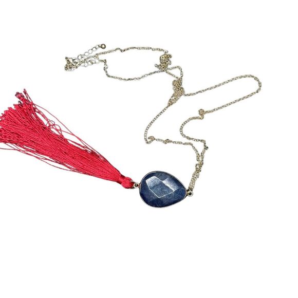 Anthropologie Blue Stone with Gold Chain and Red Tassel Necklace - Picture 1 of 5